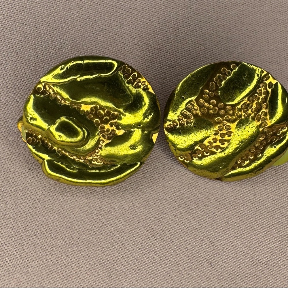 Vintage Clip Gold Organic Textured Earrings - Picture 2 of 5